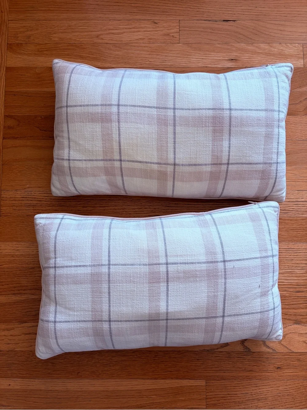 Plaid Lumbar Pillow Pair in Soft Beige and Light Gray